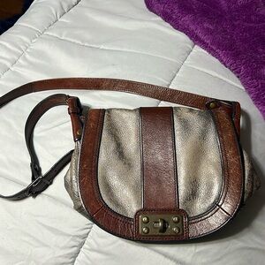 FOSSIL SATCHEL HOBO HANDBAG LONG LIVE VINTAGE 1954 Brown Pewter Metallic Leather